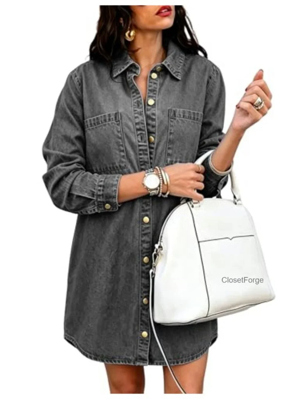 Oversized Denim Jacket with Pockets Long Sleeve Button Down Casual Loose Tops